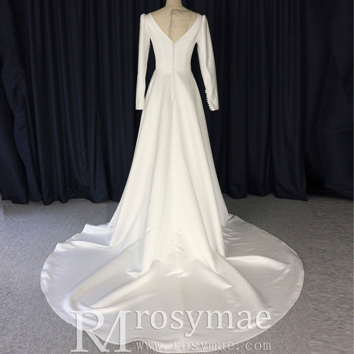 Simple and Sleek A-line Satin Wedding Dress with Long Sleeves - Rosymae