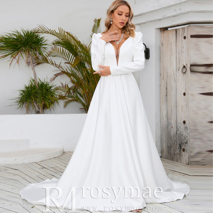 Simple and Sleek A-line Satin Wedding Dress with Long Sleeves - Rosymae