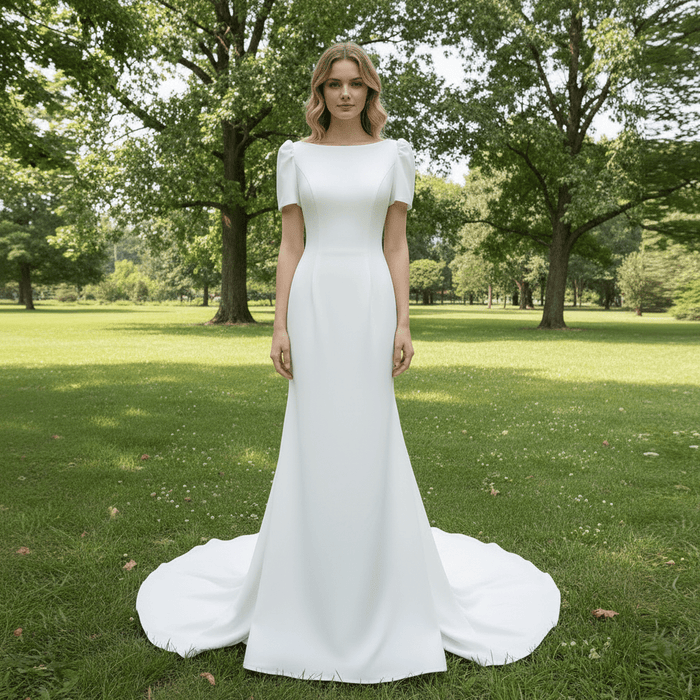 Simple Mermaid Satin Wedding Dress with Short Sleeves for Bride - Rosymae