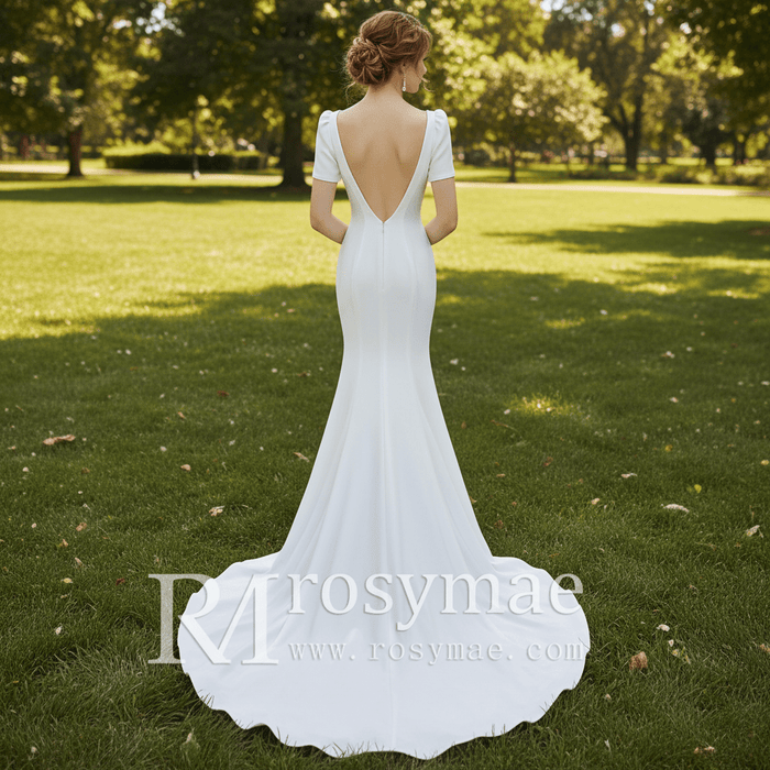 Simple Mermaid Satin Wedding Dress with Short Sleeves for Bride - Rosymae
