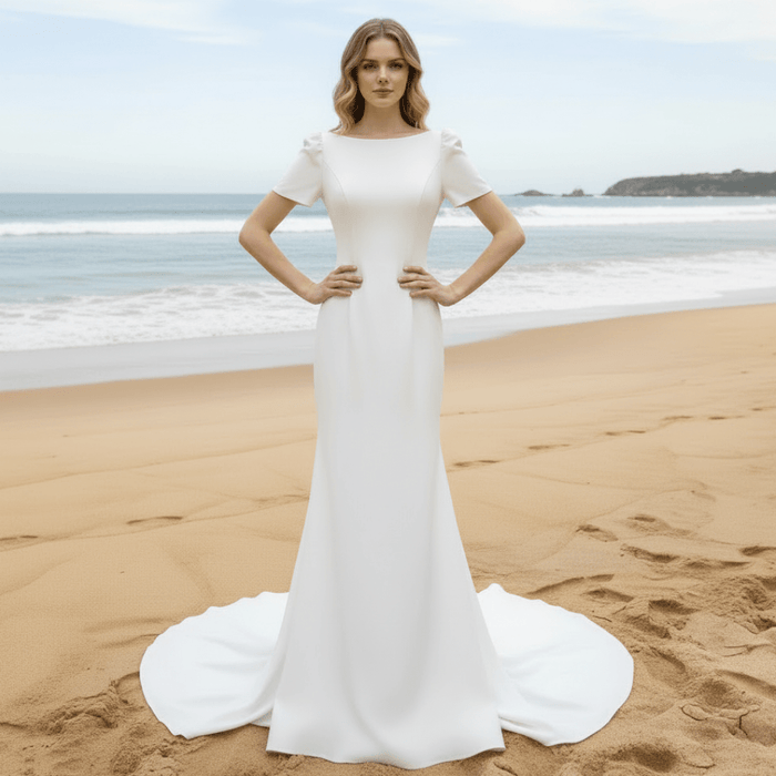 Simple Mermaid Satin Wedding Dress with Short Sleeves for Bride - Rosymae