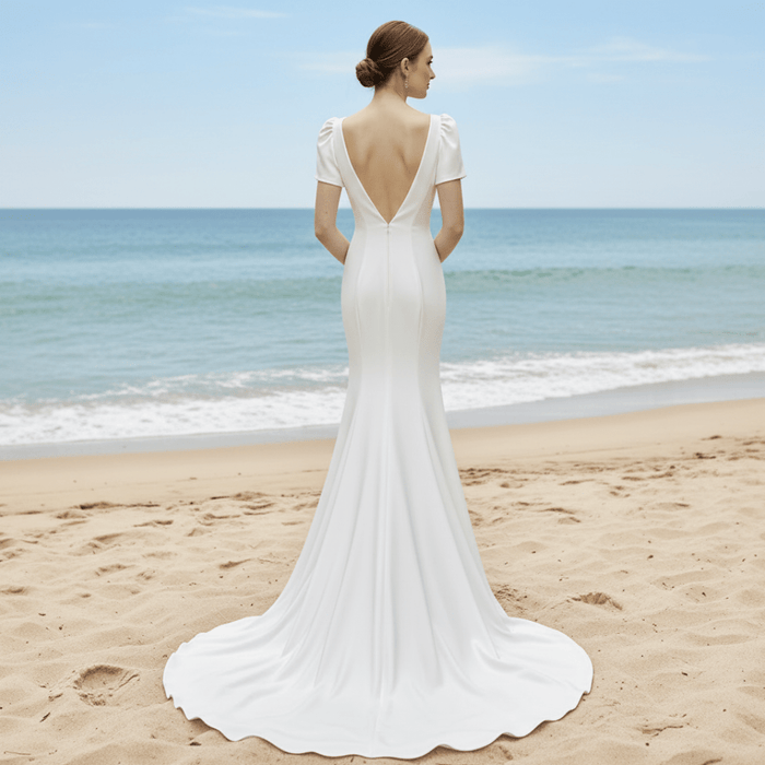 Simple Mermaid Satin Wedding Dress with Short Sleeves for Bride - Rosymae