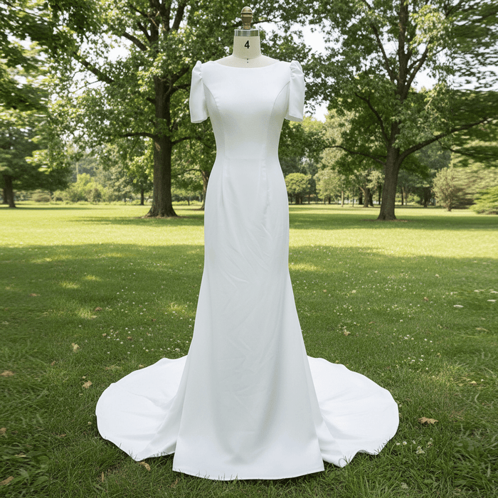 Simple Mermaid Satin Wedding Dress with Short Sleeves for Bride - Rosymae