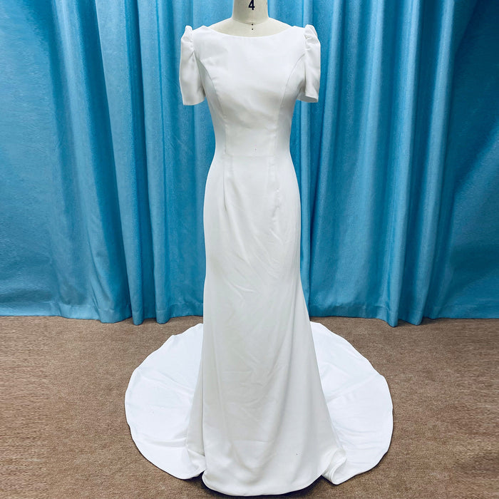 Simple Mermaid Satin Wedding Dress with Short Sleeves for Bride - Rosymae