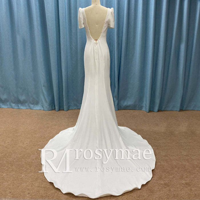 Simple Mermaid Satin Wedding Dress with Short Sleeves for Bride - Rosymae