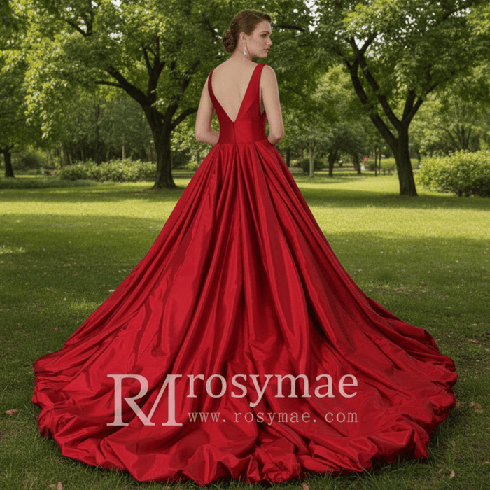 Simple Off Shoulder Red Wedding Dress with Vneck - Rosymae