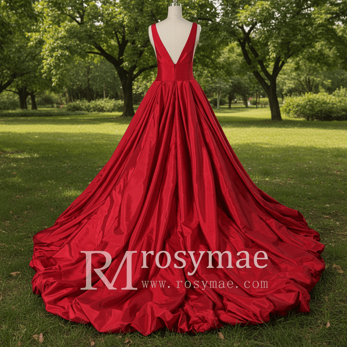 Simple Off Shoulder Red Wedding Dress with Vneck - Rosymae
