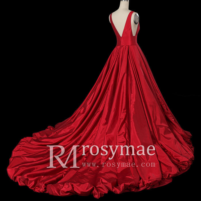 Simple Off Shoulder Red Wedding Dress with Vneck - Rosymae
