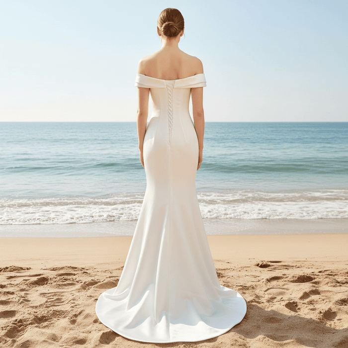 Simple Off Shoulder Ruched Satin Mermaid Wedding Dress with Leg Slit - Rosymae