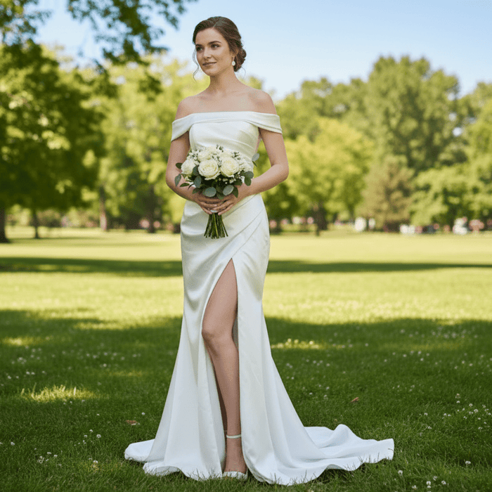 Simple Off Shoulder Ruched Satin Mermaid Wedding Dress with Leg Slit - Rosymae