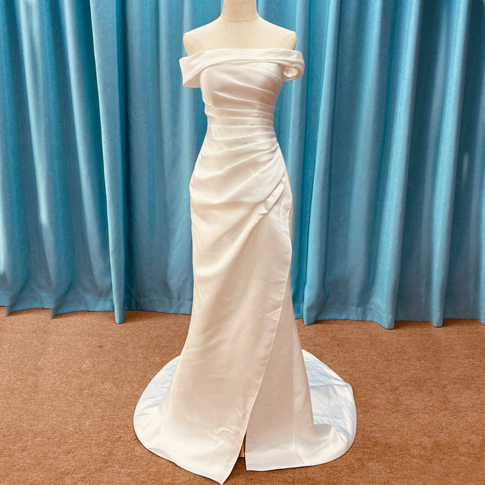 Simple Off Shoulder Ruched Satin Mermaid Wedding Dress with Leg Slit - Rosymae