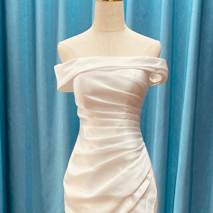 Simple Off Shoulder Ruched Satin Mermaid Wedding Dress with Leg Slit - Rosymae