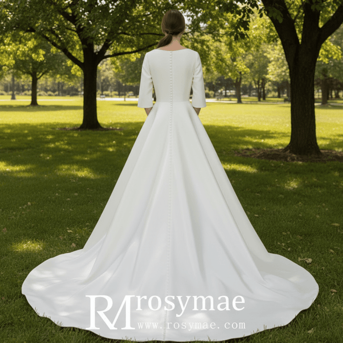 Simple Satin Half Sleeve Bridal Gown Quee Ann Wedding Dresses - Rosymae