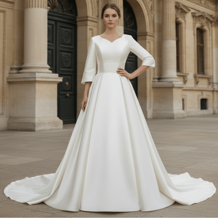 Simple Satin Half Sleeve Bridal Gown Quee Ann Wedding Dresses - Rosymae