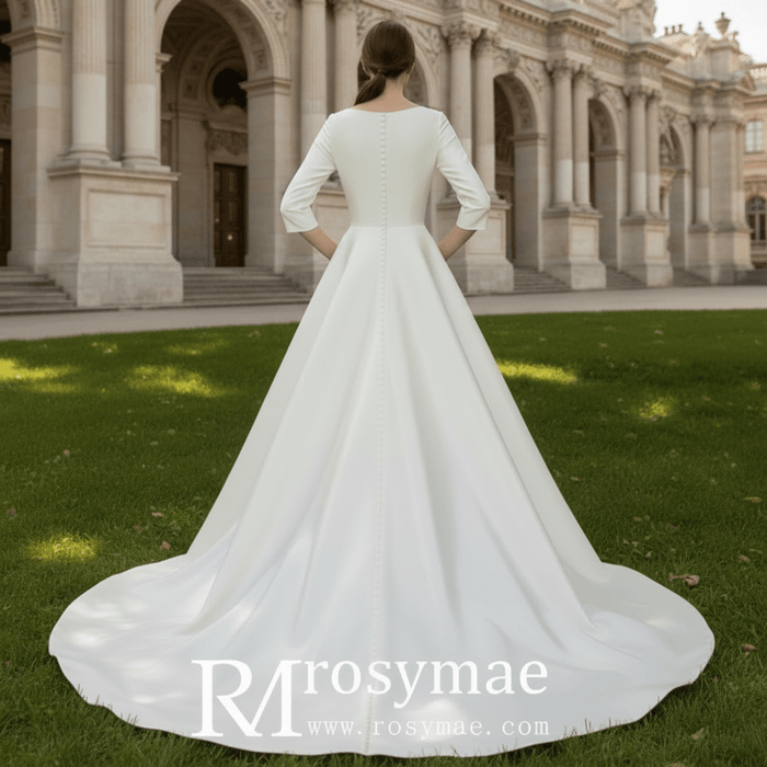 Simple Satin Half Sleeve Bridal Gown Quee Ann Wedding Dresses - Rosymae