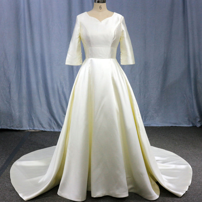 Simple Satin Half Sleeve Bridal Gown Quee Ann Wedding Dresses - Rosymae