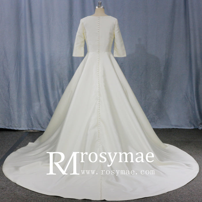 Simple Satin Half Sleeve Bridal Gown Quee Ann Wedding Dresses - Rosymae