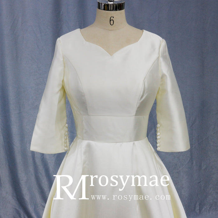 Simple Satin Half Sleeve Bridal Gown Quee Ann Wedding Dresses - Rosymae