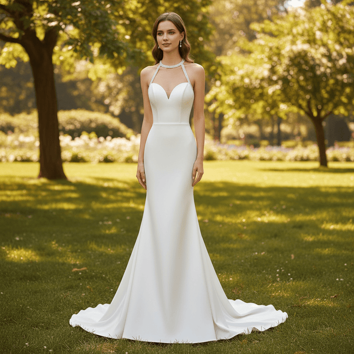 Simple Satin Halter Neckline Mermaid Wedding Dress with Open Back - Rosymae