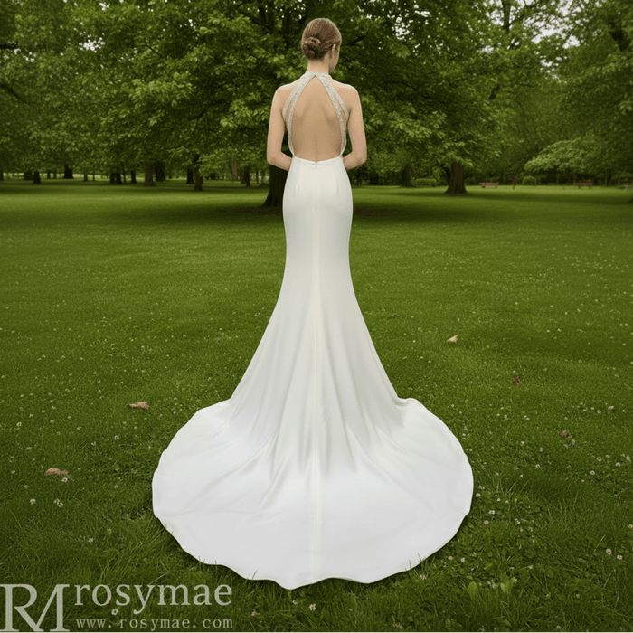 Simple Satin Halter Neckline Mermaid Wedding Dress with Open Back - Rosymae