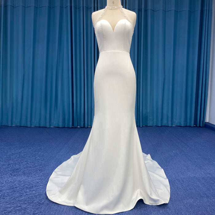 Simple Satin Halter Neckline Mermaid Wedding Dress with Open Back - Rosymae