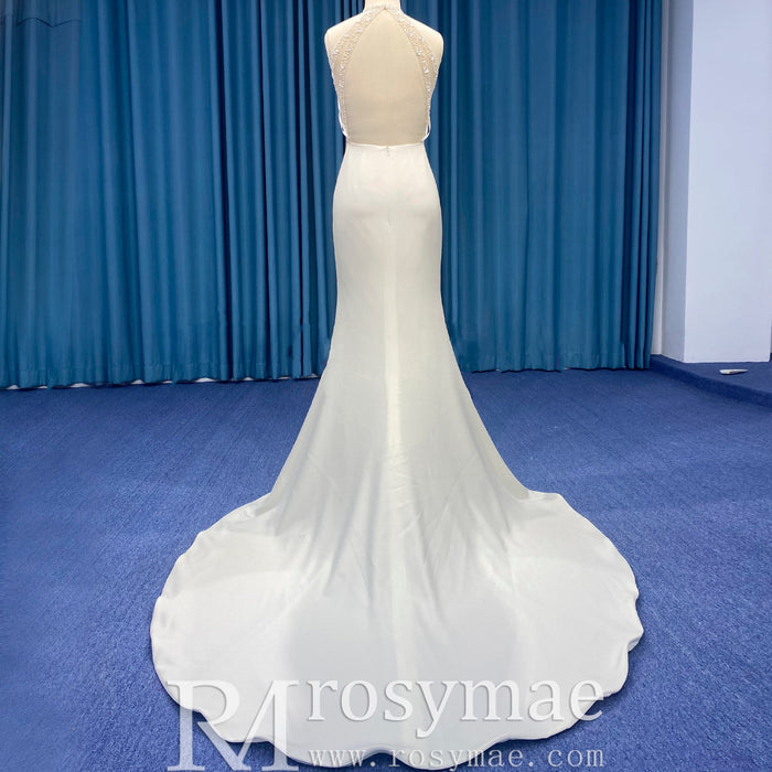 Simple Satin Halter Neckline Mermaid Wedding Dress with Open Back - Rosymae