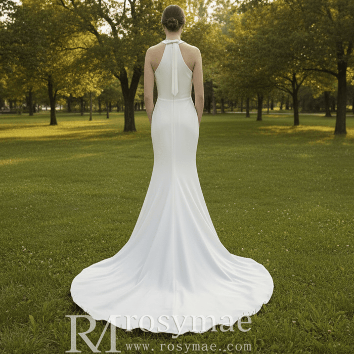 Simple Satin Halter Neckline Wedding Dress with Leg Slit - Rosymae