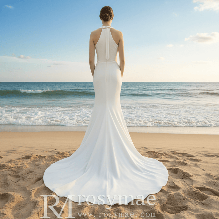 Simple Satin Halter Neckline Wedding Dress with Leg Slit - Rosymae