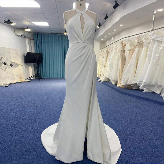 Simple Satin Halter Neckline Wedding Dress with Leg Slit - Rosymae