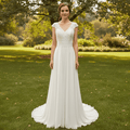 Simple Sheath Chiffon Wedding Dress with Vneck and Capped Sleeves - Rosymae