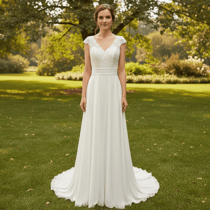 Simple Sheath Chiffon Wedding Dress with Vneck and Capped Sleeves - Rosymae