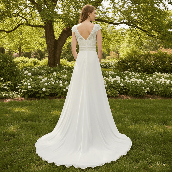 Simple Sheath Chiffon Wedding Dress with Vneck and Capped Sleeves - Rosymae
