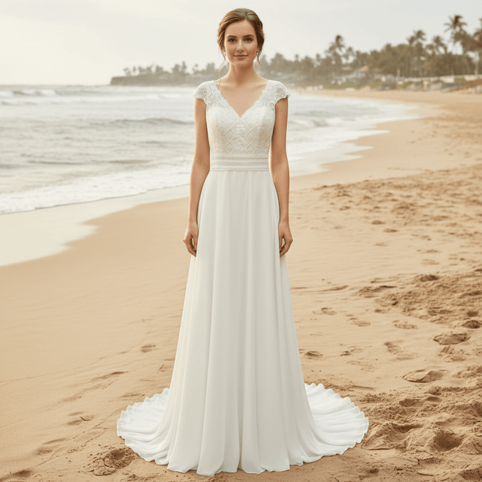 Simple Sheath Chiffon Wedding Dress with Vneck and Capped Sleeves - Rosymae