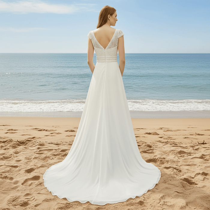 Simple Sheath Chiffon Wedding Dress with Vneck and Capped Sleeves - Rosymae