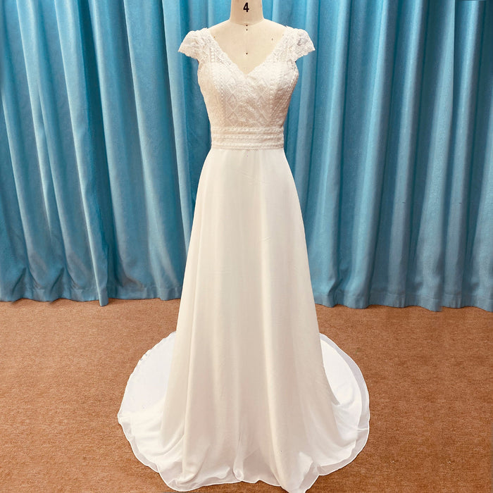 Simple Sheath Chiffon Wedding Dress with Vneck and Capped Sleeves - Rosymae