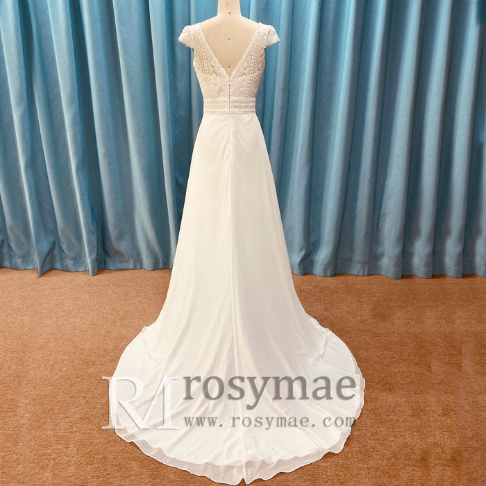 Simple Sheath Chiffon Wedding Dress with Vneck and Capped Sleeves - Rosymae