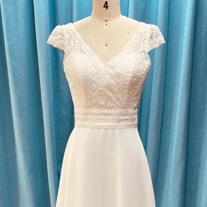 Simple Sheath Chiffon Wedding Dress with Vneck and Capped Sleeves - Rosymae