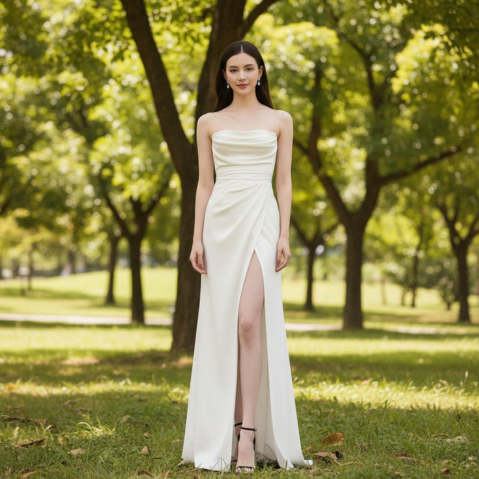Simple Sleek Satin Wedding Dress with Leg Slit for Women - Rosymae