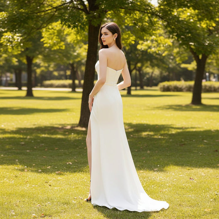 Simple Sleek Satin Wedding Dress with Leg Slit for Women - Rosymae
