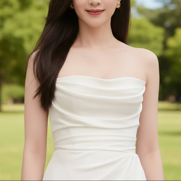 Simple Sleek Satin Wedding Dress with Leg Slit for Women - Rosymae