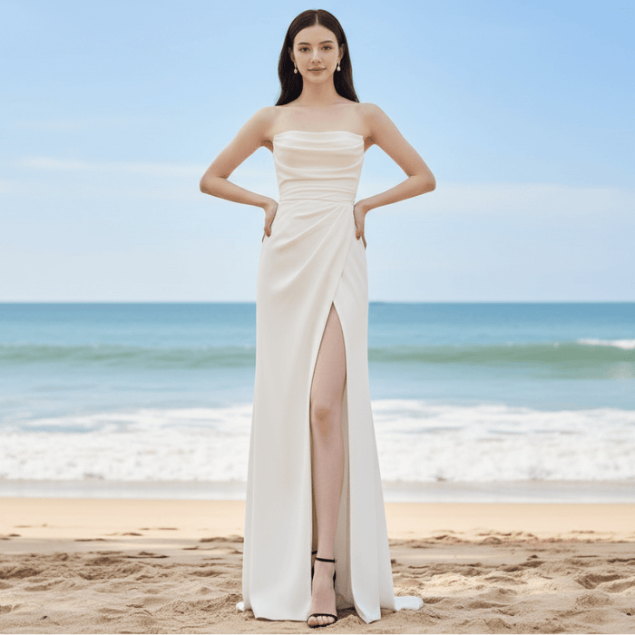Simple Sleek Satin Wedding Dress with Leg Slit for Women - Rosymae