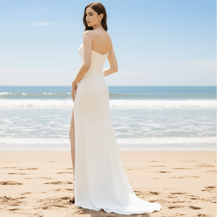 Simple Sleek Satin Wedding Dress with Leg Slit for Women - Rosymae