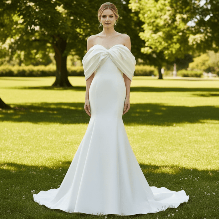 Simple Taffeta Trumpet Wedding Dress with Off the Shoulder Sleeve - Rosymae