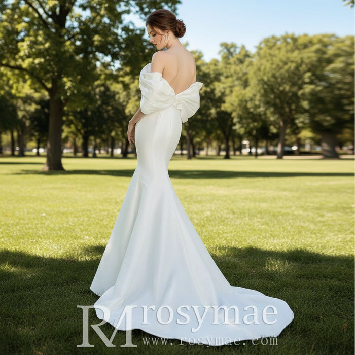 Simple Taffeta Trumpet Wedding Dress with Off the Shoulder Sleeve - Rosymae