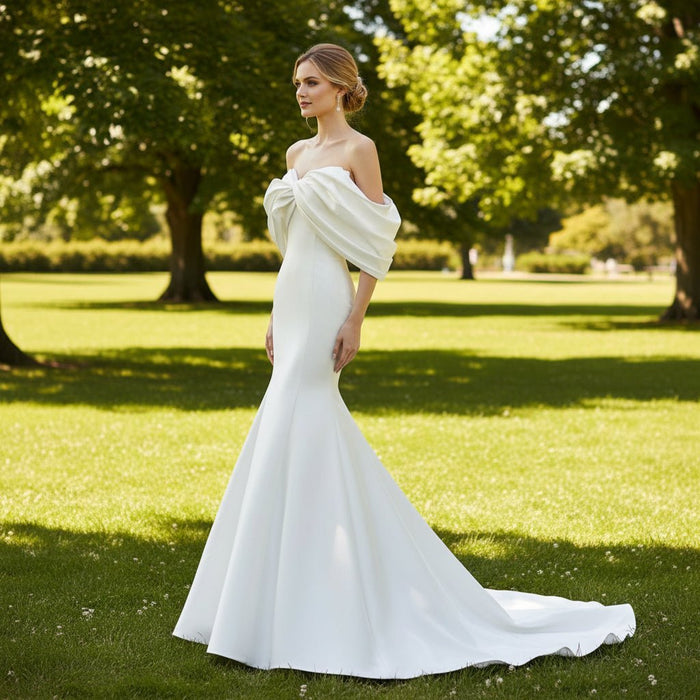 Simple Taffeta Trumpet Wedding Dress with Off the Shoulder Sleeve - Rosymae