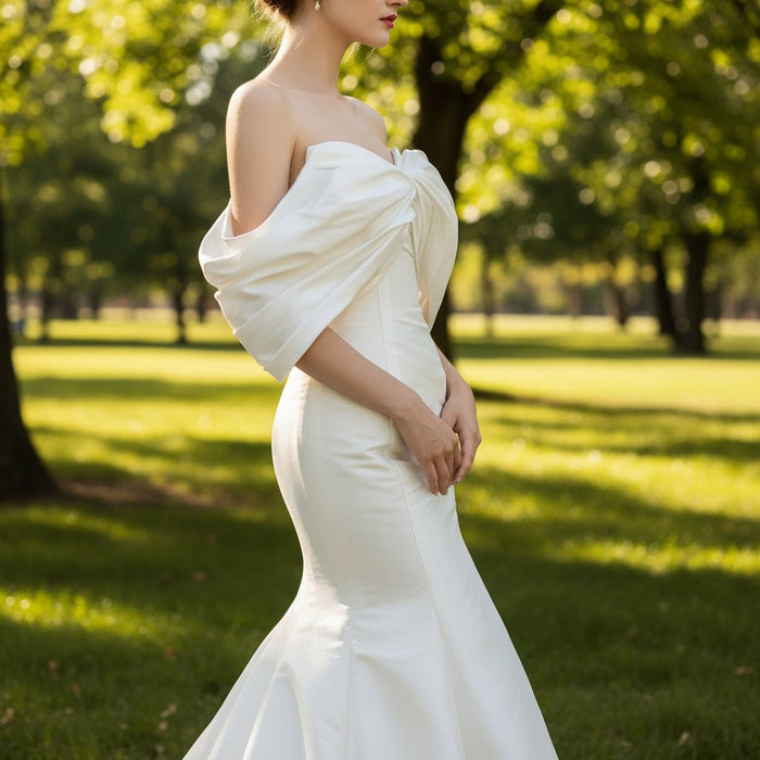 Simple Taffeta Trumpet Wedding Dress with Off the Shoulder Sleeve - Rosymae