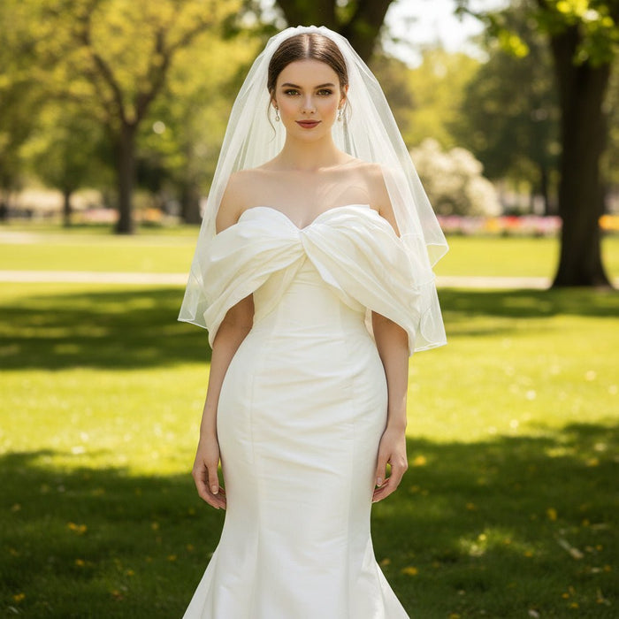 Simple Taffeta Trumpet Wedding Dress with Off the Shoulder Sleeve - Rosymae