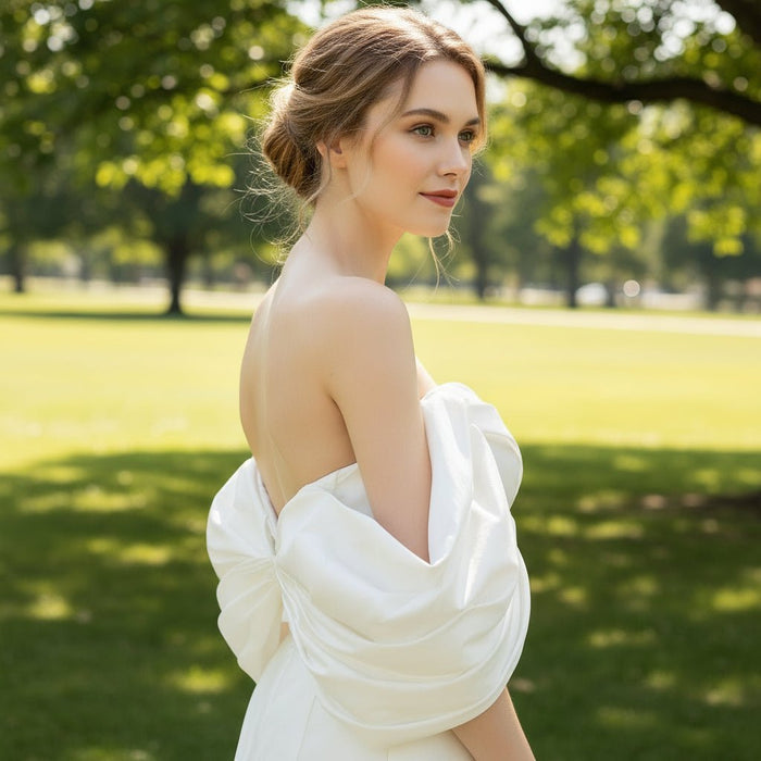 Simple Taffeta Trumpet Wedding Dress with Off the Shoulder Sleeve - Rosymae