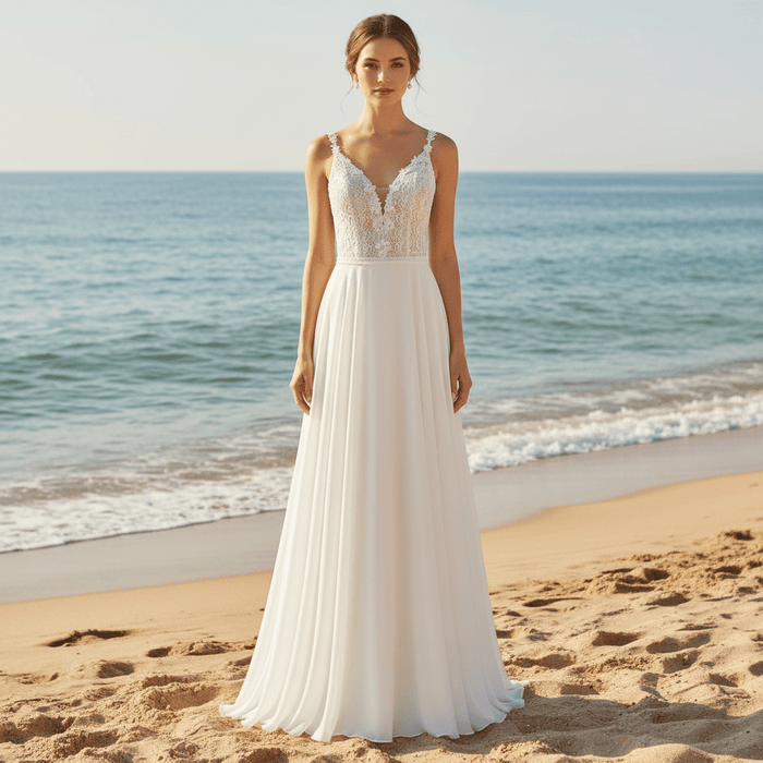 Simple Vneck Chiffon Sheath Wedding Dress with Spaghetti Strap - Rosymae