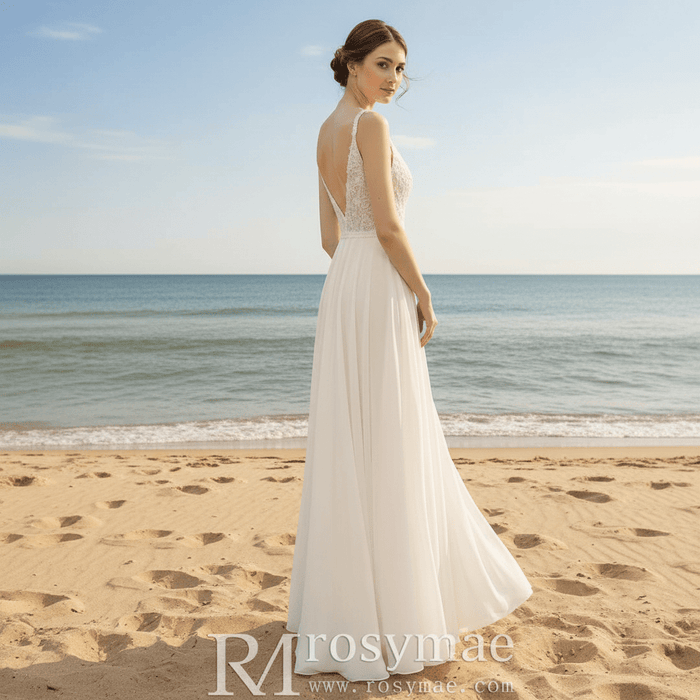 Simple Vneck Chiffon Sheath Wedding Dress with Spaghetti Strap - Rosymae